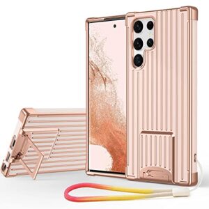 ptuoniu for samsung galaxy s22 ultra case, luxury electroplate edge bumper case wristband kickstand rugged cover with fashion designs for women girls,protective phone case for s22 ultra rose gold