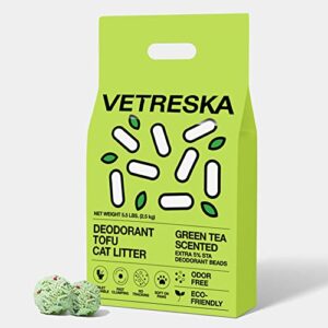 VETRESKA Tofu Cat Litter, Natural Eco-Friendly Pretty Kitty Litter, Flushable Clumping Tofu Cat Litter Pellets - Ultra Absorbent, Odor Control, Dust-Free Low Tracking Cat Litter, Greentea