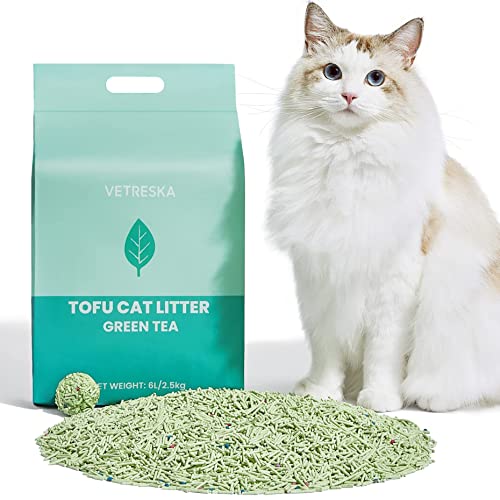 VETRESKA Tofu Cat Litter, Natural Eco-Friendly Pretty Kitty Litter, Flushable Clumping Tofu Cat Litter Pellets - Ultra Absorbent, Odor Control, Dust-Free Low Tracking Cat Litter, Greentea