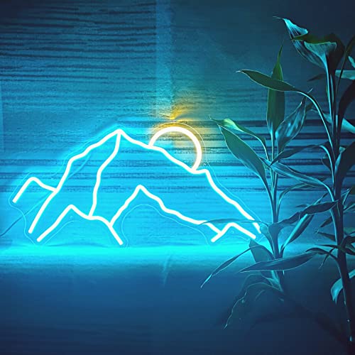 Mountains Neon Sign for Wall Décor, Handmade Neon Lights Wall Art for Home, Apartment, Bedroom Wall, Cafe, Office Decoration, Adjustable Bedroom Signs Gifts with Dimmer, 22X11 inches, Ice Blue- Yellow