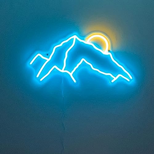 Mountains Neon Sign for Wall Décor, Handmade Neon Lights Wall Art for Home, Apartment, Bedroom Wall, Cafe, Office Decoration, Adjustable Bedroom Signs Gifts with Dimmer, 22X11 inches, Ice Blue- Yellow