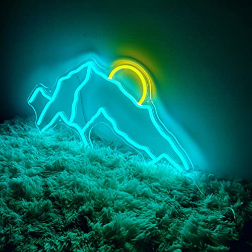 Mountains Neon Sign for Wall Décor, Handmade Neon Lights Wall Art for Home, Apartment, Bedroom Wall, Cafe, Office Decoration, Adjustable Bedroom Signs Gifts with Dimmer, 22X11 inches, Ice Blue- Yellow