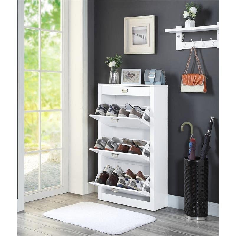 BOWERY HILL Contemporary Shoe Cabinet in White High Gloss Finish