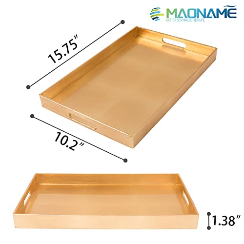 MAONAME Modern Gold Decorative Tray with Handles, Gold Leaf Serving Tray for Coffee Table, Rectangle Bathroom Decor Tray, 15.8" L x 10.2" W x 1.38" H