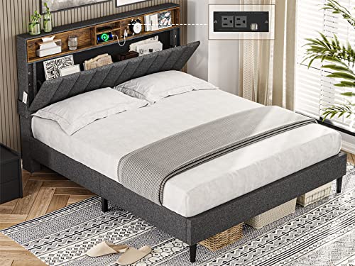 ADORNEVE Full Size Bed Frame with Outlet and USB Ports, Modern Upholstered Platform Bed with Storage Headboard & Height Adjustable, No Box Spring Needed, Dark Grey