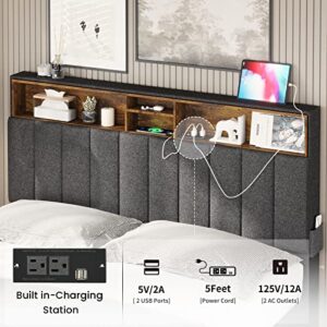 ADORNEVE Full Size Bed Frame with Outlet and USB Ports, Modern Upholstered Platform Bed with Storage Headboard & Height Adjustable, No Box Spring Needed, Dark Grey