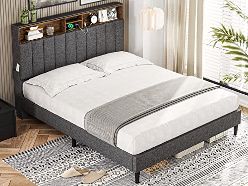 ADORNEVE Full Size Bed Frame with Outlet and USB Ports, Modern Upholstered Platform Bed with Storage Headboard & Height Adjustable, No Box Spring Needed, Dark Grey