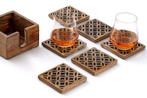 figtree - set of 6 wooden coasters for drinks absorbent with holder, coasters for coffee table protection, coffee table decor, perfect house warming gift, lattice