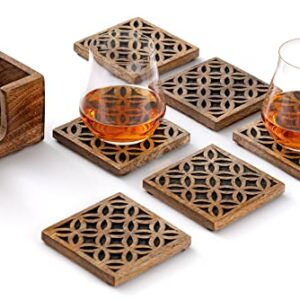 FIGTREE - Set of 6 Wooden Coasters for Drinks Absorbent with Holder, Coasters for Coffee Table Protection, Coffee Table Decor, Perfect House Warming Gift, Lattice