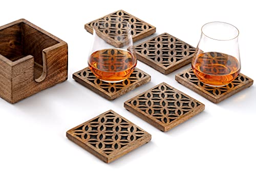 FIGTREE - Set of 6 Wooden Coasters for Drinks Absorbent with Holder, Coasters for Coffee Table Protection, Coffee Table Decor, Perfect House Warming Gift, Lattice