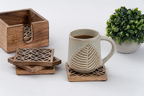 FIGTREE - Set of 6 Wooden Coasters for Drinks Absorbent with Holder, Coasters for Coffee Table Protection, Coffee Table Decor, Perfect House Warming Gift, Lattice