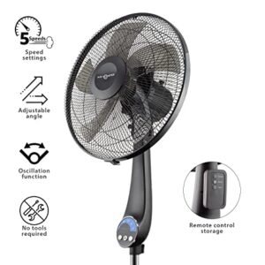 Air Monster 16" 5-Blade, 5 Speed Adjustable Height Ultra Powerful Quiet Oscillating Standing Pedestal Fan with Remote Control, 7.5 Hour Timer, Stand Fan for Bedroom, Black