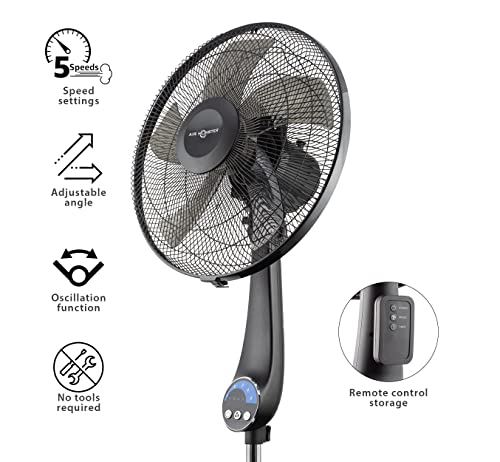 Air Monster 16" 5-Blade, 5 Speed Adjustable Height Ultra Powerful Quiet Oscillating Standing Pedestal Fan with Remote Control, 7.5 Hour Timer, Stand Fan for Bedroom, Black