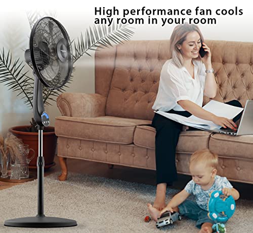 Air Monster 16" 5-Blade, 5 Speed Adjustable Height Ultra Powerful Quiet Oscillating Standing Pedestal Fan with Remote Control, 7.5 Hour Timer, Stand Fan for Bedroom, Black