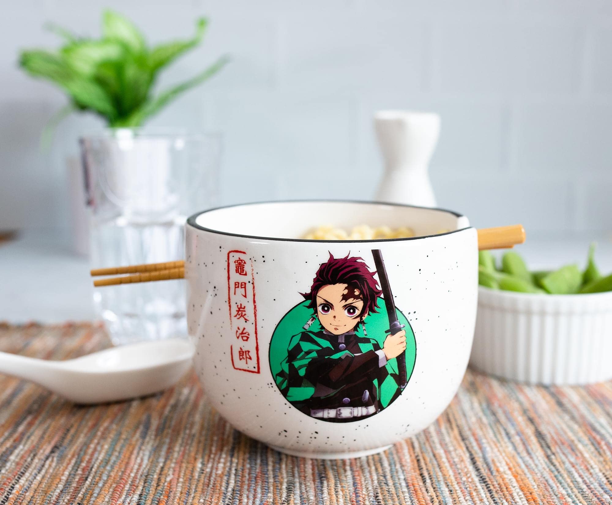 Demon Slayer Tanjiro Kamado Japanese Ceramic Dinnerware Set | Includes 16-Ounce Ramen Noodle Bowl and Wooden Chopsticks | Asian Food Dish Set For Home & Kitchen | Anime Manga Gifts and Collectibles