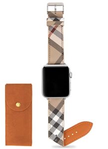 designer band compatible with apple watch 41mm 40mm 38mm, luxury beige plaid elements soft leather iwatch band with classic firmly buckle for iwatch series9/8/7/6/5/4/3/2/1/se for women/man