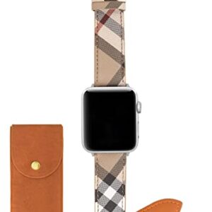 Designer Band Compatible with Apple Watch 41mm 40mm 38mm, Luxury Beige Plaid Elements Soft Leather iWatch Band with Classic Firmly Buckle for iWatch Series9/8/7/6/5/4/3/2/1/SE for Women/Man