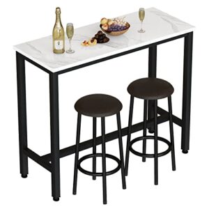 awqm bar table set of 2, 47.2" faux marble table top,pu leather stools,3 piece pub height table set,breakfast nook dining table set with 2 round stools,ideal for living room,kitchen,bar,white