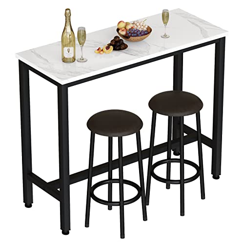 AWQM Bar Table Set of 2, 47.2" Faux Marble Table Top,PU Leather Stools,3 Piece Pub Height Table Set,Breakfast Nook Dining Table Set with 2 Round Stools,Ideal for Living Room,Kitchen,Bar,White