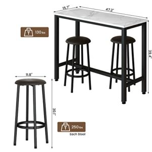 AWQM Bar Table Set of 2, 47.2" Faux Marble Table Top,PU Leather Stools,3 Piece Pub Height Table Set,Breakfast Nook Dining Table Set with 2 Round Stools,Ideal for Living Room,Kitchen,Bar,White