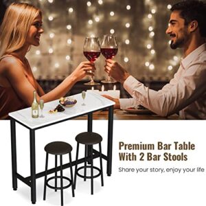 AWQM Bar Table Set of 2, 47.2" Faux Marble Table Top,PU Leather Stools,3 Piece Pub Height Table Set,Breakfast Nook Dining Table Set with 2 Round Stools,Ideal for Living Room,Kitchen,Bar,White