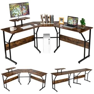 tangkula l-shaped reversible computer desk, 2 person long computer workstation w/movable monitor stand, large home office corner desk for working writing gaming (rustic brown)