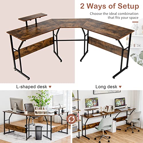 Tangkula L-Shaped Reversible Computer Desk, 2 Person Long Computer Workstation w/Movable Monitor Stand, Large Home Office Corner Desk for Working Writing Gaming (Rustic Brown)