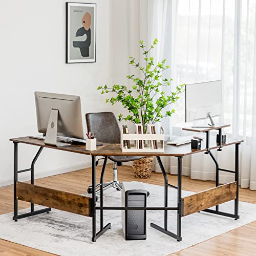 Tangkula L-Shaped Reversible Computer Desk, 2 Person Long Computer Workstation w/Movable Monitor Stand, Large Home Office Corner Desk for Working Writing Gaming (Rustic Brown)