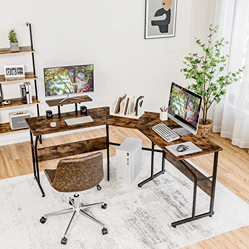 Tangkula L-Shaped Reversible Computer Desk, 2 Person Long Computer Workstation w/Movable Monitor Stand, Large Home Office Corner Desk for Working Writing Gaming (Rustic Brown)