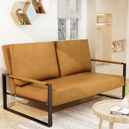 DKLGG Mid-Century Loveseats Sofa Couch, Solid Leathaire Loveseat Sofa, Upholstered Faux Leathaire Couch 2-Seat Metal Armchair, Lounge Accent Chair for Living Room, Small Space, Studio, Apartment