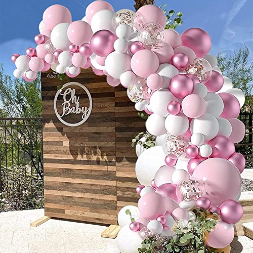 Pink White Balloons Garland Arch Kit, Pastel Pink Balloons Metallic Pink Confetti Rose Gold Birthday Party Balloons for Baby Shower,Birthday,Bridal,Anniversary Party,Wedding