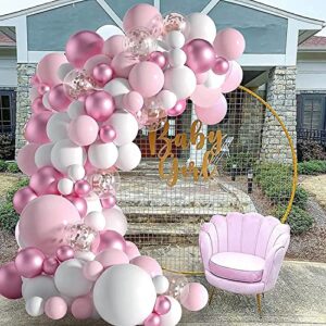 Pink White Balloons Garland Arch Kit, Pastel Pink Balloons Metallic Pink Confetti Rose Gold Birthday Party Balloons for Baby Shower,Birthday,Bridal,Anniversary Party,Wedding