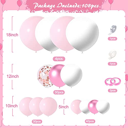 Pink White Balloons Garland Arch Kit, Pastel Pink Balloons Metallic Pink Confetti Rose Gold Birthday Party Balloons for Baby Shower,Birthday,Bridal,Anniversary Party,Wedding