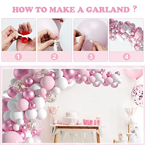 Pink White Balloons Garland Arch Kit, Pastel Pink Balloons Metallic Pink Confetti Rose Gold Birthday Party Balloons for Baby Shower,Birthday,Bridal,Anniversary Party,Wedding