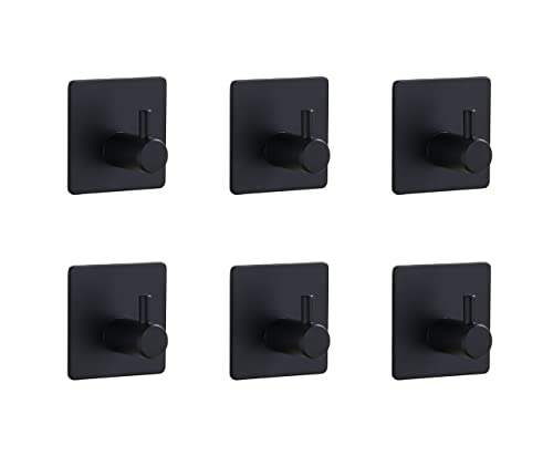 Heavy Duty Adhesive Hooks, 6 Pcs Wall Adhesive Hooks, Stainless Steel Hooks for Home, Bathroom, Kitchen, Office, Living Room (Black)