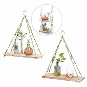 green leaf rope hanging shelves - hanging shelf for plants, bohemian style for bedroom, bathroom, living room, nursery, kitchen, farmhouse hanging shelves -17in set of 2 (log color)