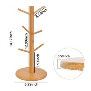 Bamboo Mug Holder Tree，Coffee Cup Holder，Countertop Mug Tree with 6 Hooks，Mug Rack for Counter Stand Coffee Counter Bar Accessory