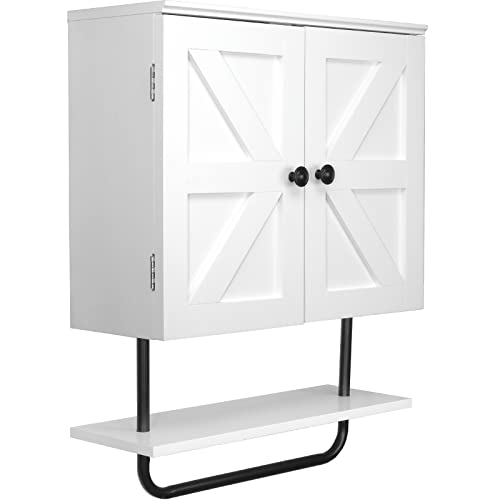 EXCELLO GLOBAL PRODUCTS 22" x 27.5” Barndoor Bathroom Wall Cabinet, Space Saver Storage Cabinet Kitchen Medicine Cabinet with Adjustable Shelf and Towel Bar, White