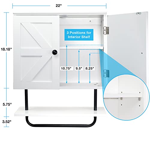 EXCELLO GLOBAL PRODUCTS 22" x 27.5” Barndoor Bathroom Wall Cabinet, Space Saver Storage Cabinet Kitchen Medicine Cabinet with Adjustable Shelf and Towel Bar, White