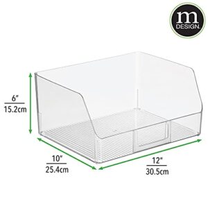 mDesign Wide Plastic Kitchen Food Storage Organizer Bin Basket with Open Front and Built-In Label Holder for Cabinets, Pantry - 12 Inch Width - Clear