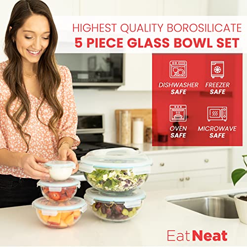 EatNeat Set of 5 Airtight Glass Food Storage Containers with Lids | Premium Airtight Storage Containers | Meal Prep Food Containers with Lids | Glass Mixing Bowls | Kitchen Storage Containers