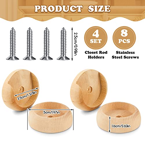 4 Pack Wooden Closet Pole Sockets Closet Pole Holder Closet Rod Holders Closet Pole Socket for Wardrobe Hallway Bathroom Curtain Clothing Store, 1-3/8" Pole