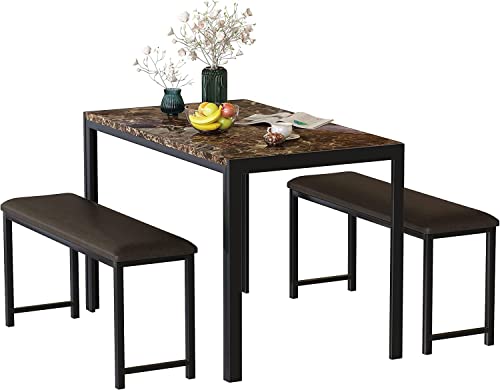 Hooseng 3 Pieces Dining Room Table Set, Modern Faux Marble Kitchen Table Set with 2 PU Leather Upholstered Benches, Ideal for Home, Apartment, Breakfast Nook, Small Space, Brown