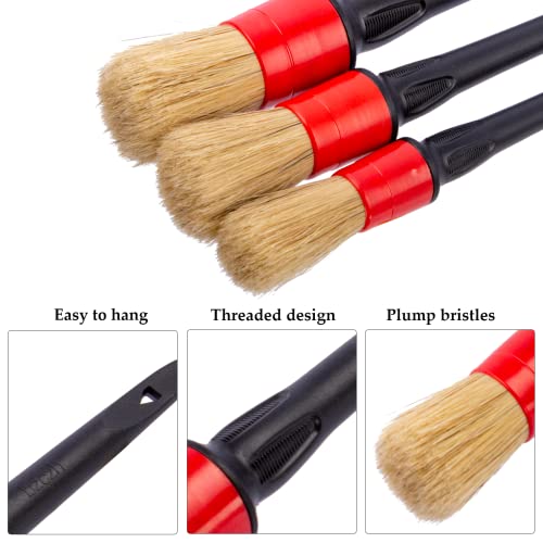 bzczh Detailing Brush Set, Natural Boars Hair Car Detailing Brush Set - 3 Pack, Clean Interior or Exterior, Wheels, Tires, Engine Bay, Leather Seats, Car Detailing Kit, Detailing Brush