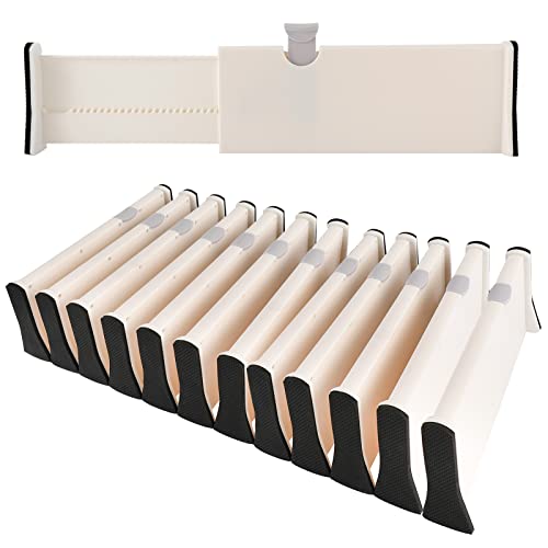 RealPlus 12pcs Adjustable Drawer Dividers Organizer Separators Expandable from 11-17", Plastic Dresser Organizer for Kitchen Bedroom Bathroom Office Desk Closet Clothing