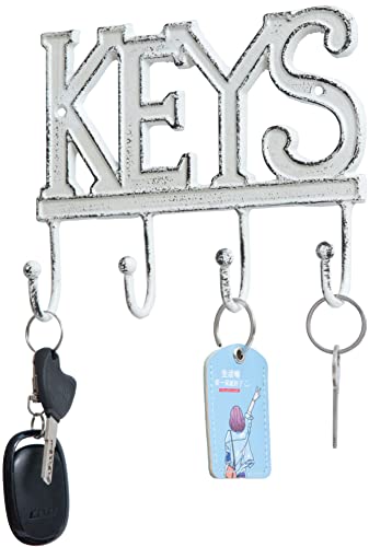 FairyCity Keys Holder for Wall Metal Vintage Keys Hook-18 * 15cm Home Decor Key Hanger Decorative with 4 Hooks,White