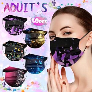 Aqestyerly 50PC Disposable Face_Masks for Adult Butterfly Printed Design 3 Ply Breathable Full Protection Light Weight Fashion Women Men (Mix 29, 50pc)