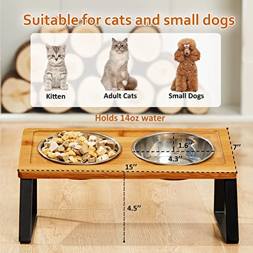 Elevated Cat Bowls, Tilted cat Food Bowls, 15°Tilted Raised Cat Food and Water Bowls, Customized Height Wall Mounted Elevated Pet Feeder，Bamboo Elevated Pet Feed Bowl Food for Cats and Puppy