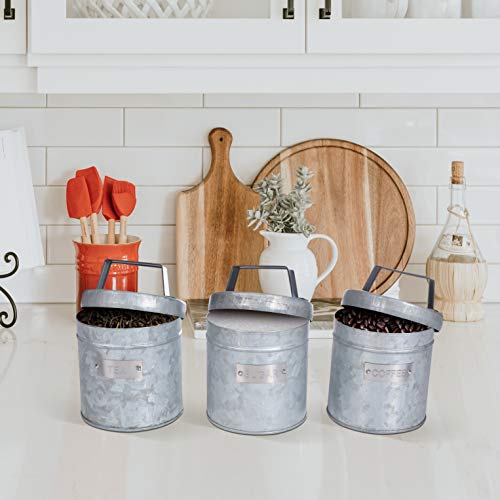 Goroly Home Vintage Farmhouse Design Kitchen Décor Canister Set, Country Décor Storage Jars for Kitchen, Food Storage, Galvanized Steel Set For Coffee, Sugar, Tea - 6.5 Inch Set Of 3 - Natural