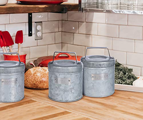 Goroly Home Vintage Farmhouse Design Kitchen Décor Canister Set, Country Décor Storage Jars for Kitchen, Food Storage, Galvanized Steel Set For Coffee, Sugar, Tea - 6.5 Inch Set Of 3 - Natural